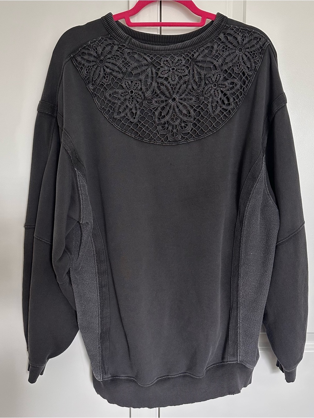 aerie Black Crewneck Sweatshirt with crochet design on back